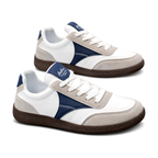 Men's White Navy and Brown Gum-Sole Sneakers - studio white background